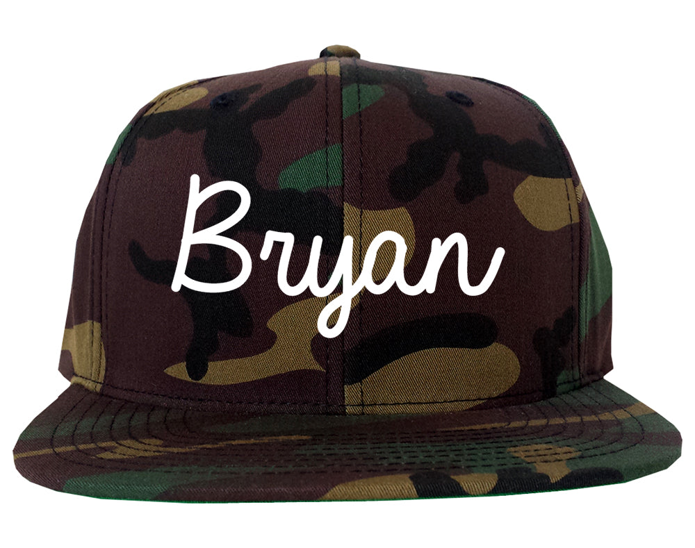 Bryan Texas TX Script Mens Snapback Hat Army Camo