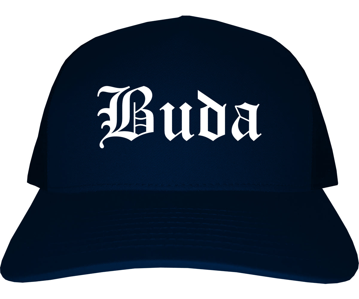 Buda Texas TX Old English Mens Trucker Hat Cap Navy Blue