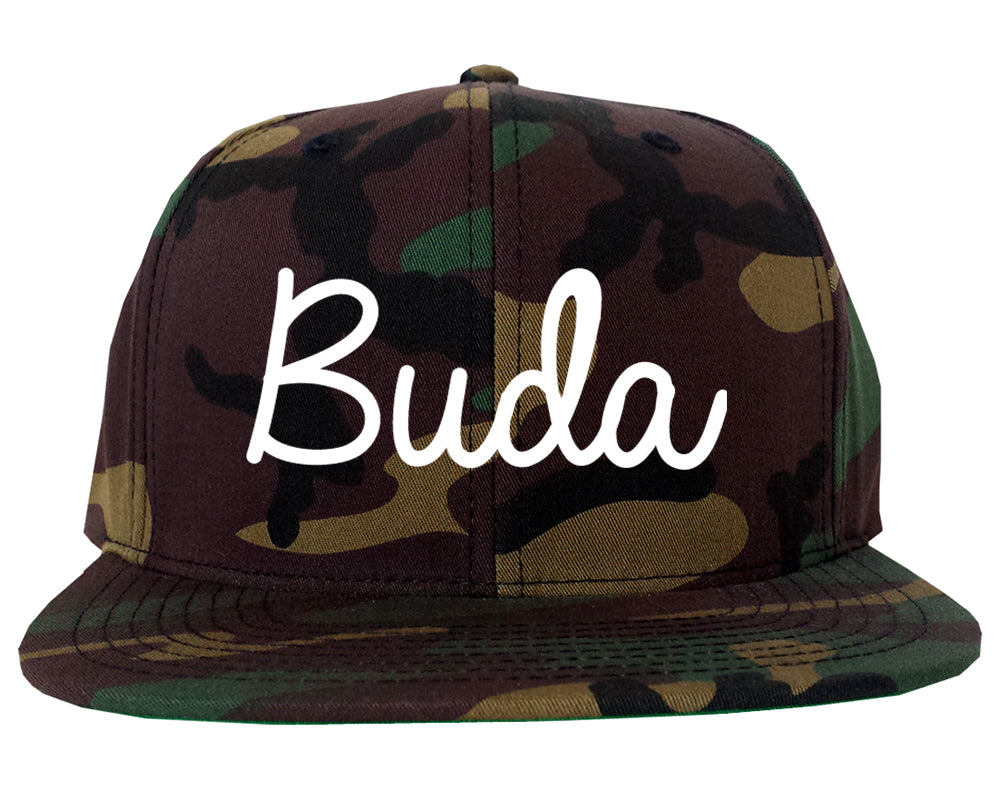 Buda Texas TX Script Mens Snapback Hat Army Camo
