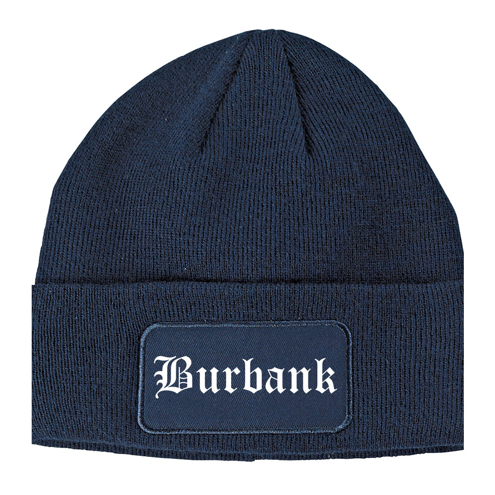 Burbank California CA Old English Mens Knit Beanie Hat Cap Navy Blue