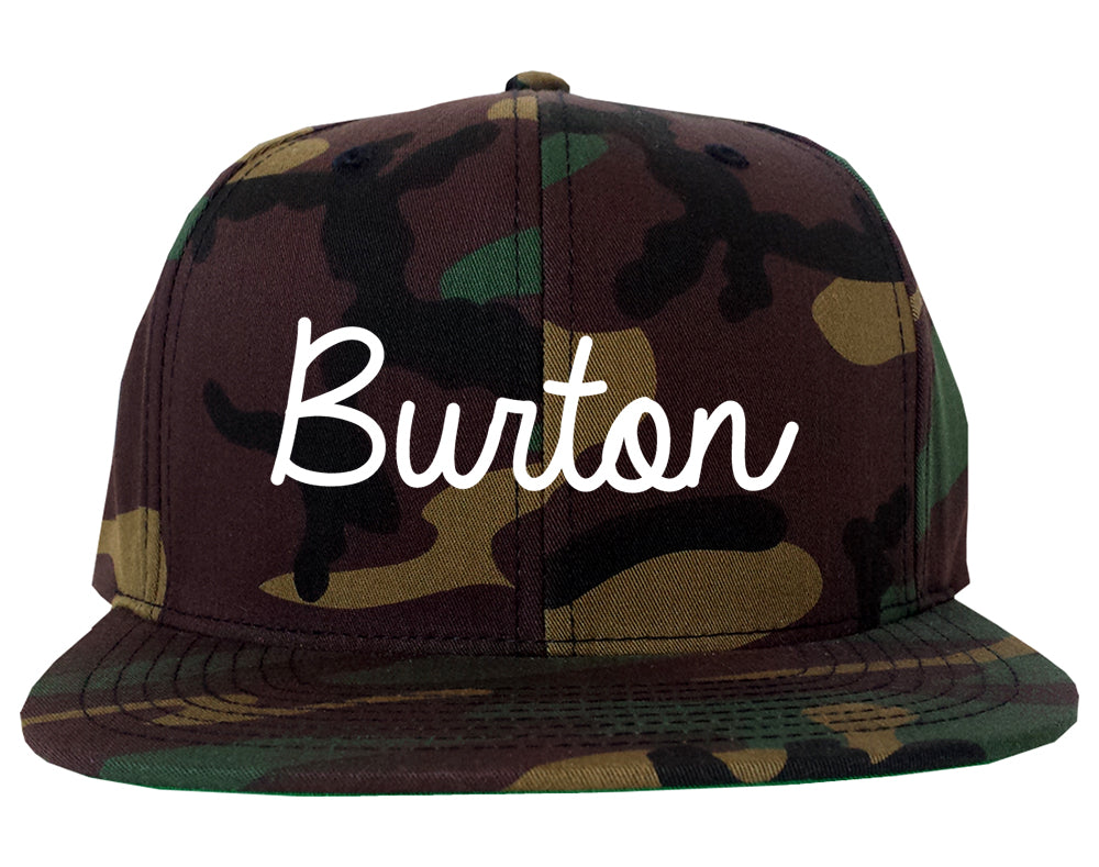 Burton Michigan MI Script Mens Snapback Hat Army Camo