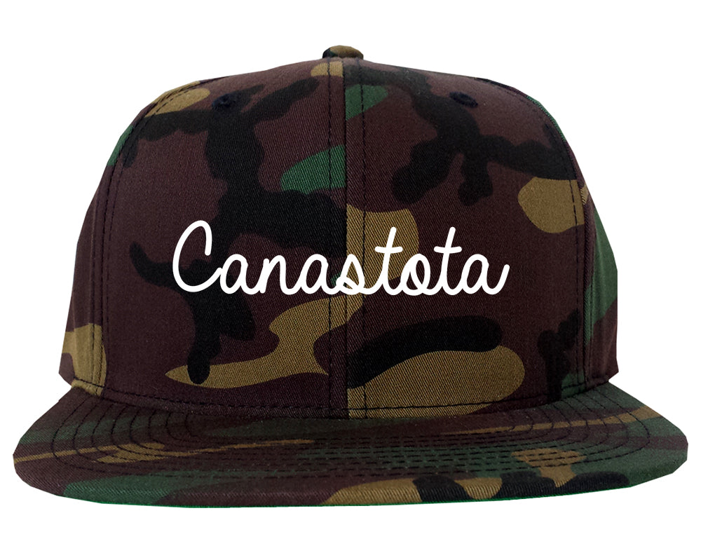 Canastota New York NY Script Mens Snapback Hat Army Camo