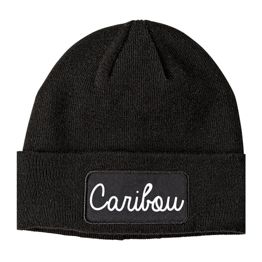 Caribou Maine ME Script Mens Knit Beanie Hat Cap Black