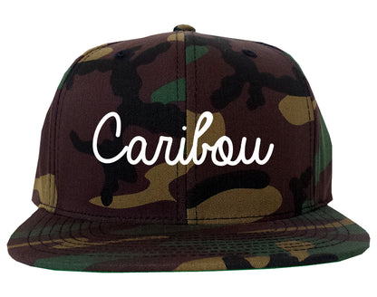 Caribou Maine ME Script Mens Snapback Hat Army Camo