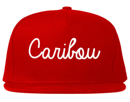 Caribou Maine ME Script Mens Snapback Hat Red