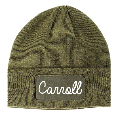 Carroll Iowa IA Script Mens Knit Beanie Hat Cap Olive Green