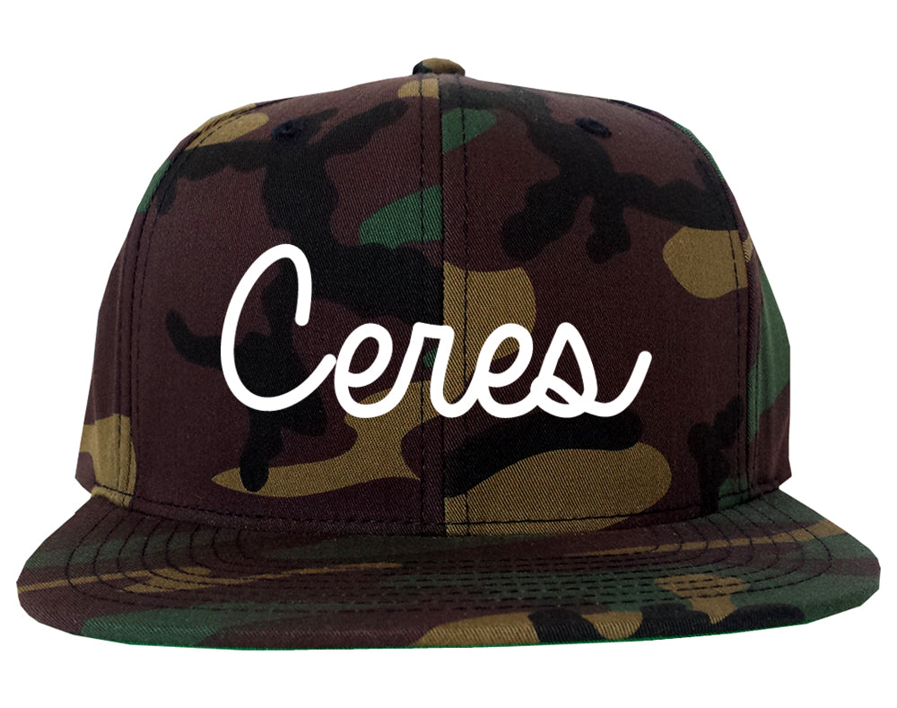 Ceres California CA Script Mens Snapback Hat Army Camo