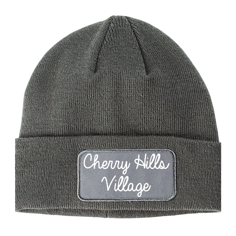 Cherry Hills Village Colorado CO Script Mens Knit Beanie Hat Cap Grey