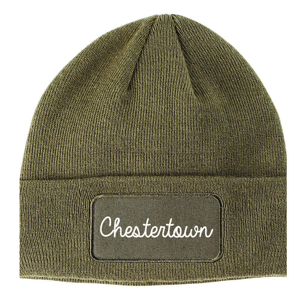 Chestertown Maryland MD Script Mens Knit Beanie Hat Cap Olive Green