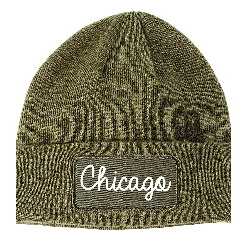 Chicago Illinois IL Script Mens Knit Beanie Hat Cap Olive Green