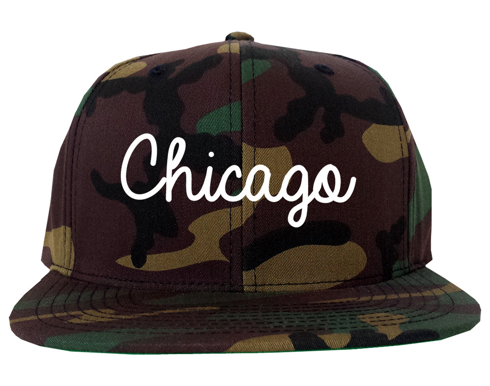 Chicago Illinois IL Script Mens Snapback Hat Army Camo