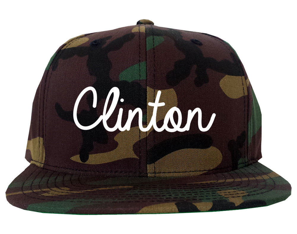 Clinton Indiana IN Script Mens Snapback Hat Army Camo