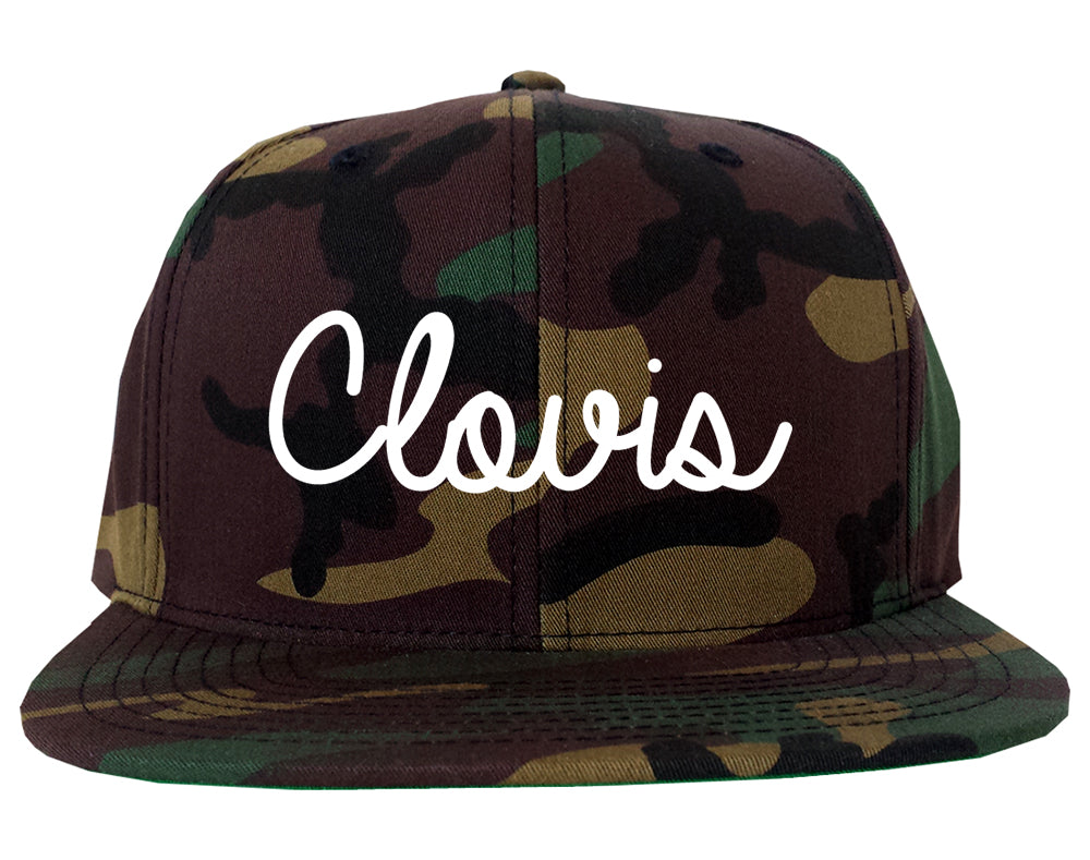 Clovis California CA Script Mens Snapback Hat Army Camo