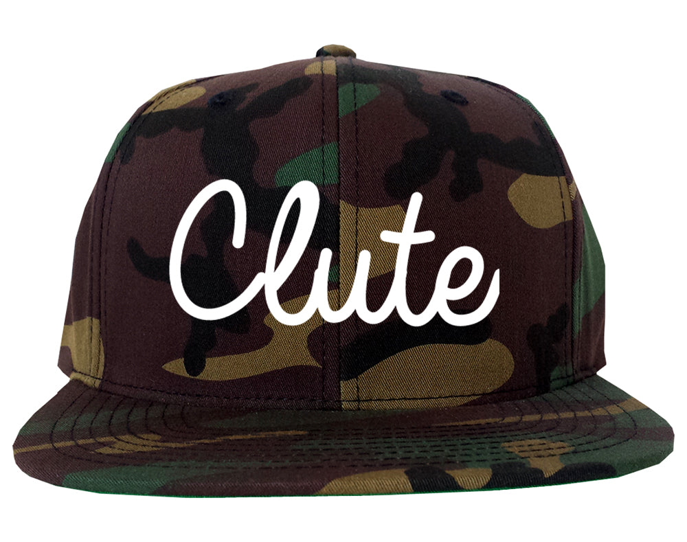 Clute Texas TX Script Mens Snapback Hat Army Camo