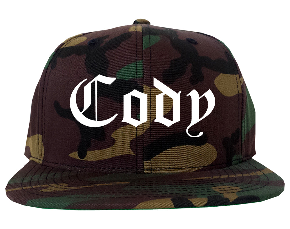 Cody Wyoming WY Old English Mens Snapback Hat Army Camo