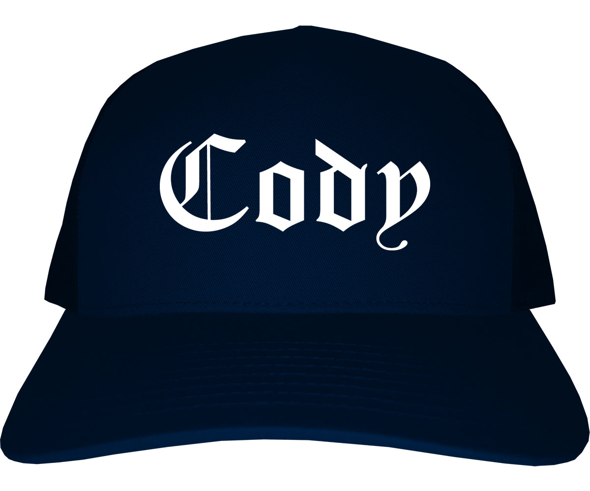 Cody Wyoming WY Old English Mens Trucker Hat Cap Navy Blue