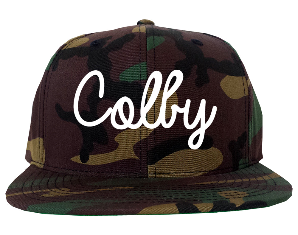 Colby Kansas KS Script Mens Snapback Hat Army Camo