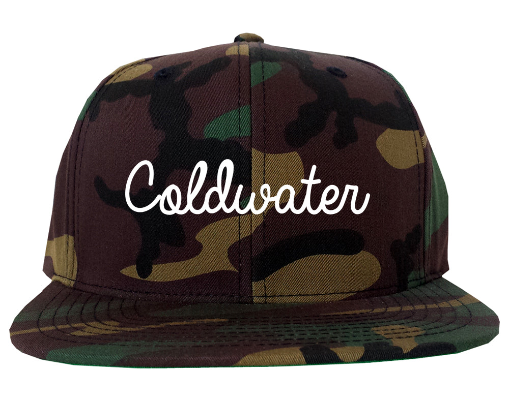 Coldwater Michigan MI Script Mens Snapback Hat Army Camo