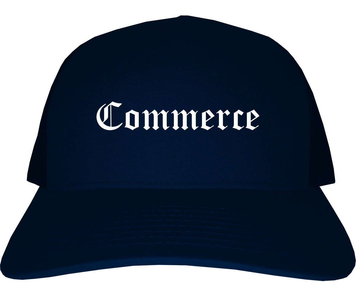 Commerce California CA Old English Mens Trucker Hat Cap Navy Blue