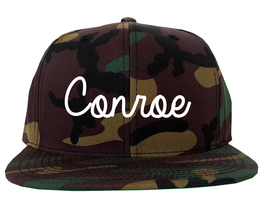 Conroe Texas TX Script Mens Snapback Hat Army Camo