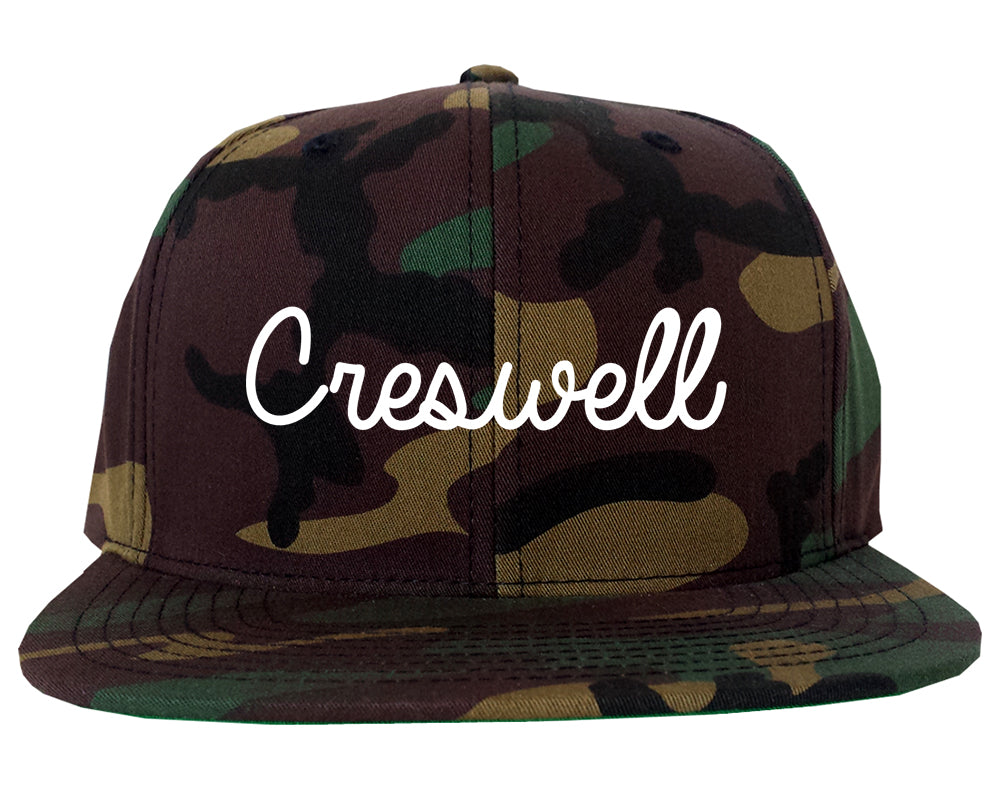 Creswell Oregon OR Script Mens Snapback Hat Army Camo