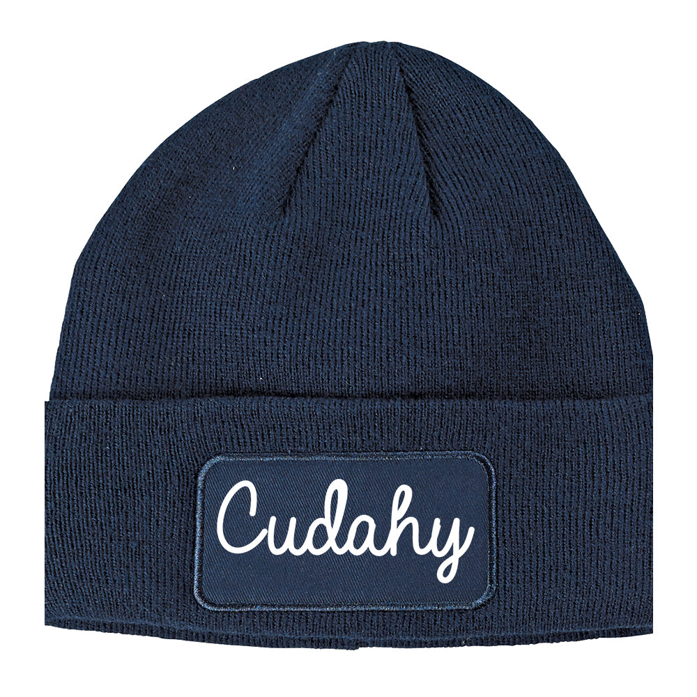Cudahy California CA Script Mens Knit Beanie Hat Cap Navy Blue