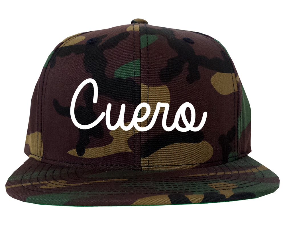 Cuero Texas TX Script Mens Snapback Hat Army Camo