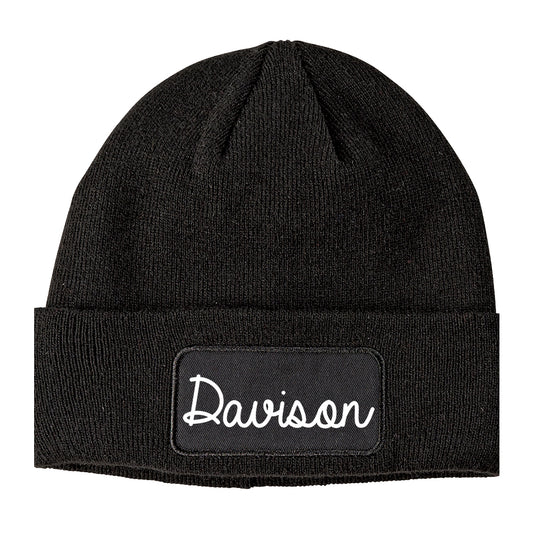 Davison Michigan MI Script Mens Knit Beanie Hat Cap Black
