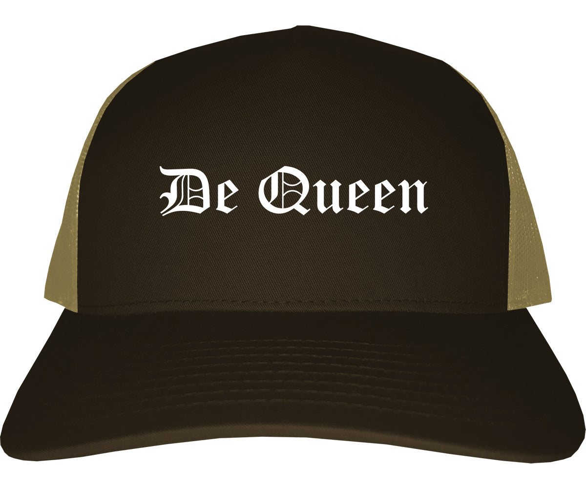 De Queen Arkansas AR Old English Mens Trucker Hat Cap Brown