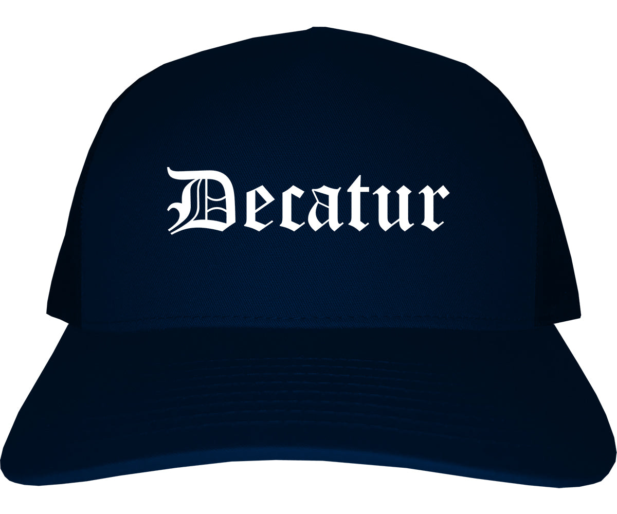 Decatur Alabama AL Old English Mens Trucker Hat Cap Navy Blue