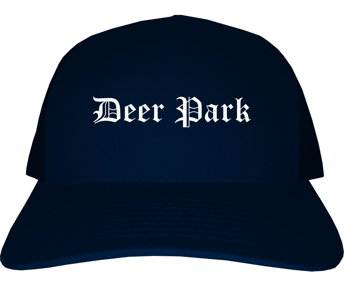Deer Park Texas TX Old English Mens Trucker Hat Cap Navy Blue
