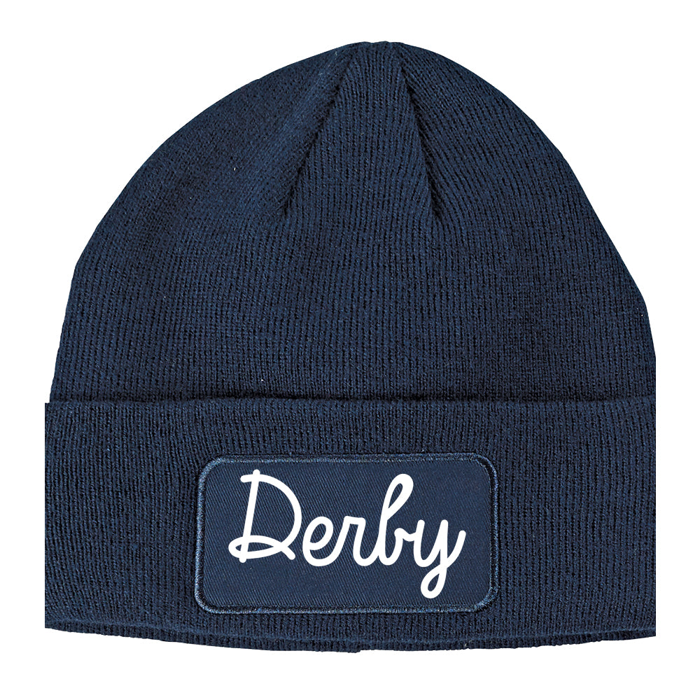 Derby Connecticut CT Script Mens Knit Beanie Hat Cap Navy Blue