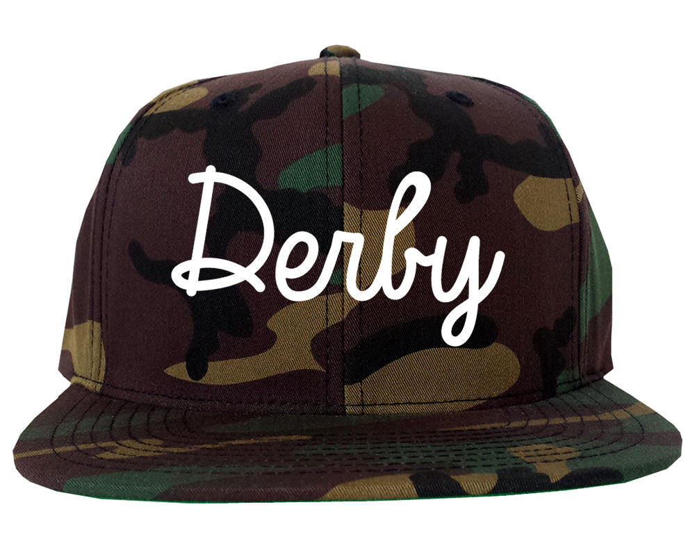 Derby Connecticut CT Script Mens Snapback Hat Army Camo