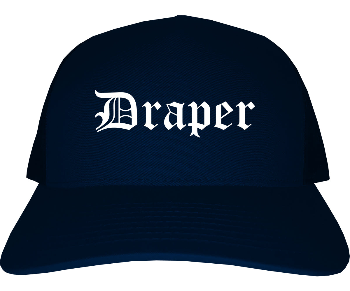 Draper Utah UT Old English Mens Trucker Hat Cap Navy Blue