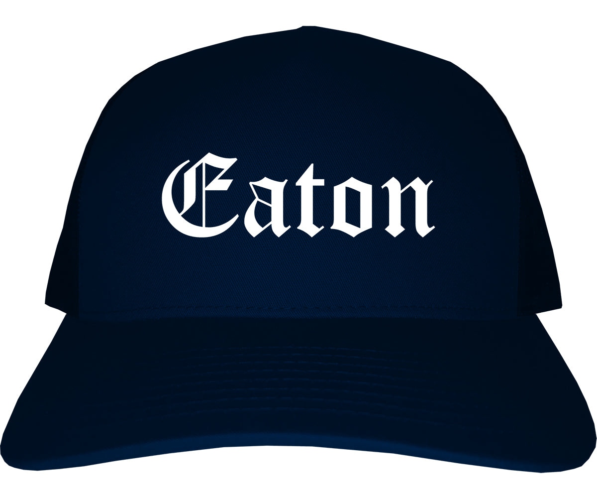 Eaton Ohio OH Old English Mens Trucker Hat Cap Navy Blue