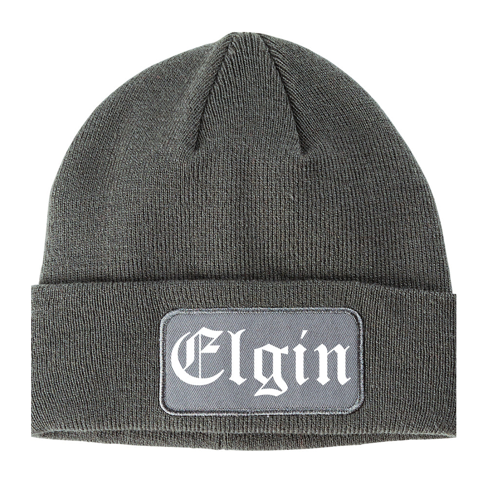 Elgin Illinois IL Old English Mens Knit Beanie Hat Cap Grey