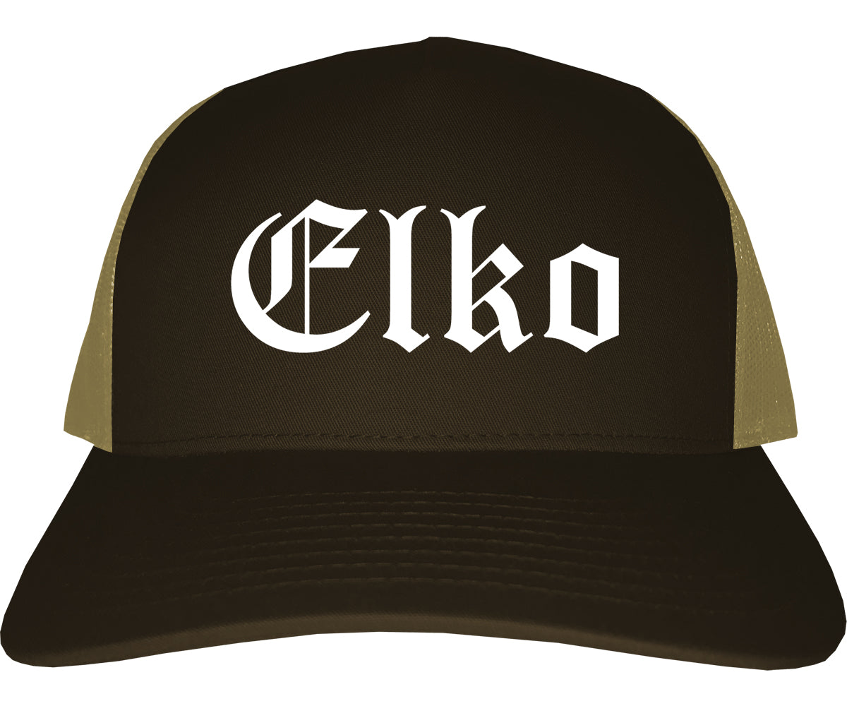 Elko Nevada NV Old English Mens Trucker Hat Cap Brown