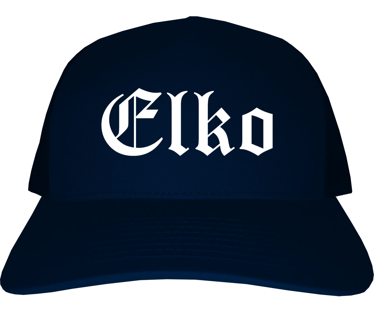 Elko Nevada NV Old English Mens Trucker Hat Cap Navy Blue