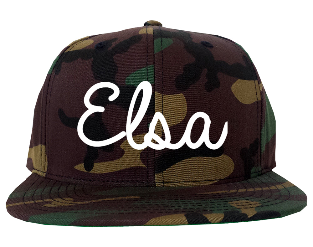 Elsa Texas TX Script Mens Snapback Hat Army Camo
