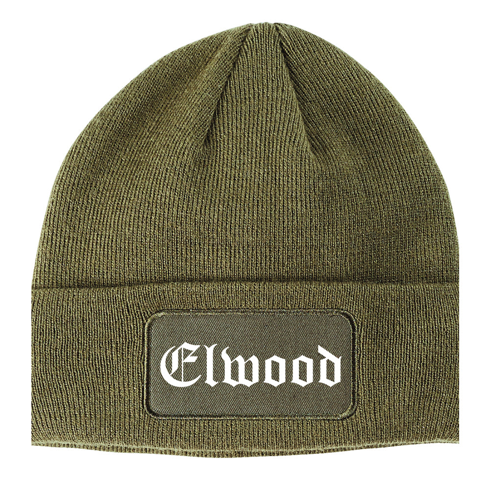 Elwood Indiana IN Old English Mens Knit Beanie Hat Cap Olive Green