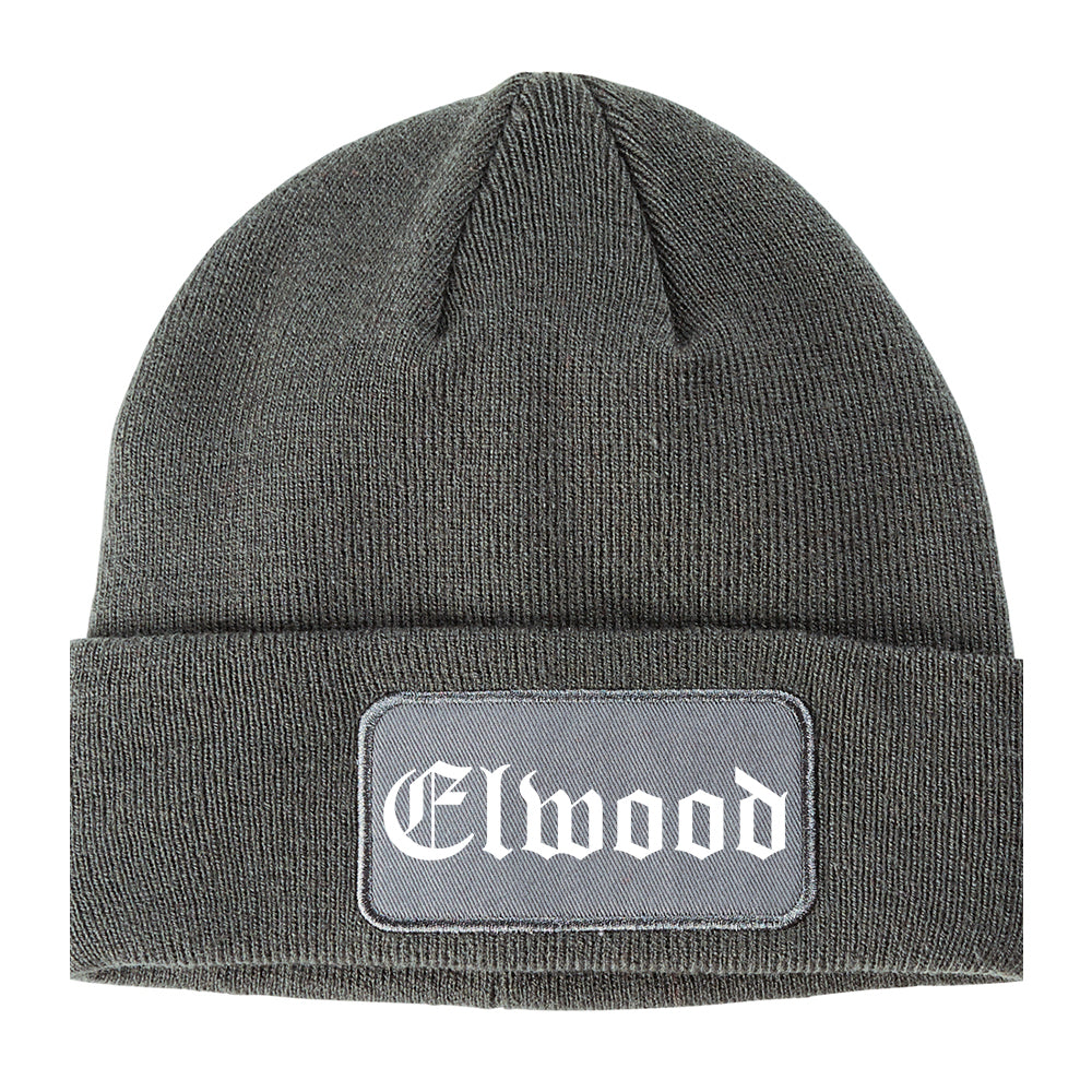 Elwood Indiana IN Old English Mens Knit Beanie Hat Cap Grey