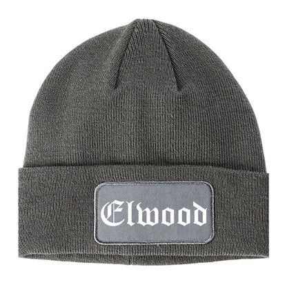 Elwood Indiana IN Old English Mens Knit Beanie Hat Cap Grey