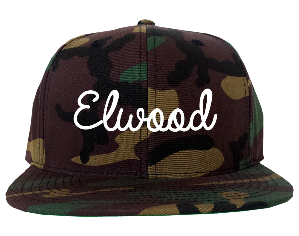 Elwood Indiana IN Script Mens Snapback Hat Army Camo
