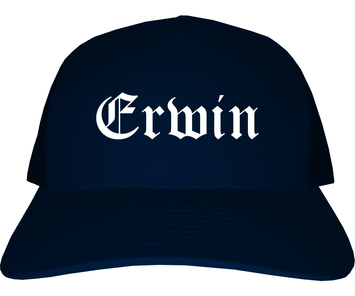 Erwin North Carolina NC Old English Mens Trucker Hat Cap Navy Blue