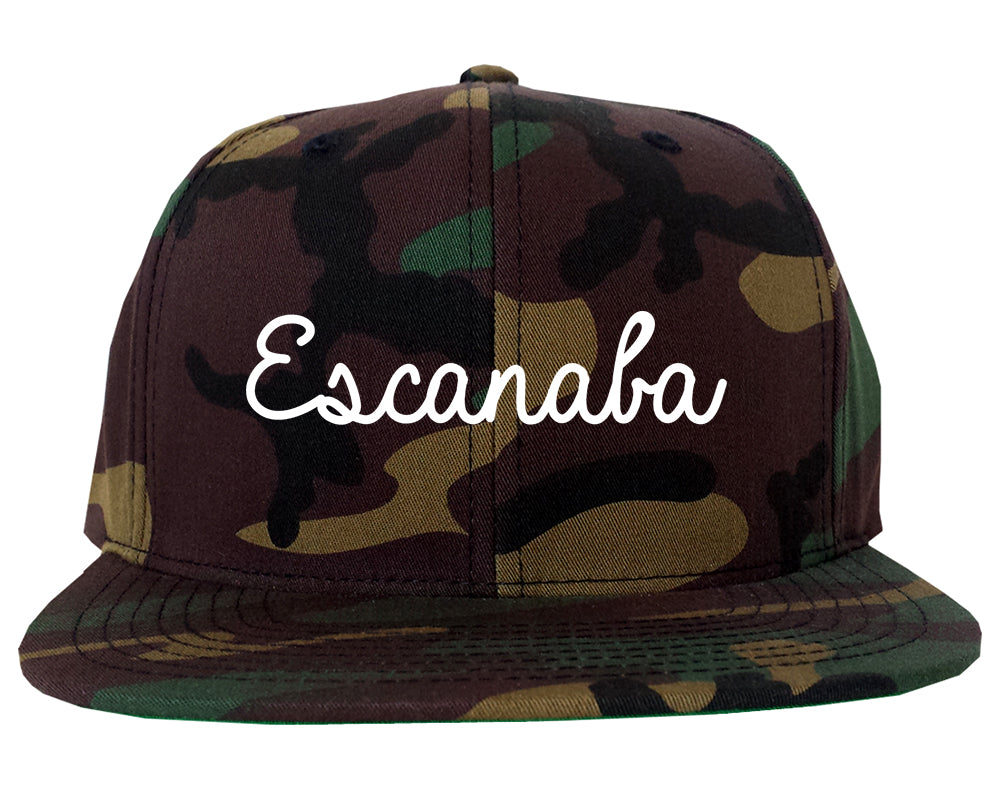 Escanaba Michigan MI Script Mens Snapback Hat Army Camo
