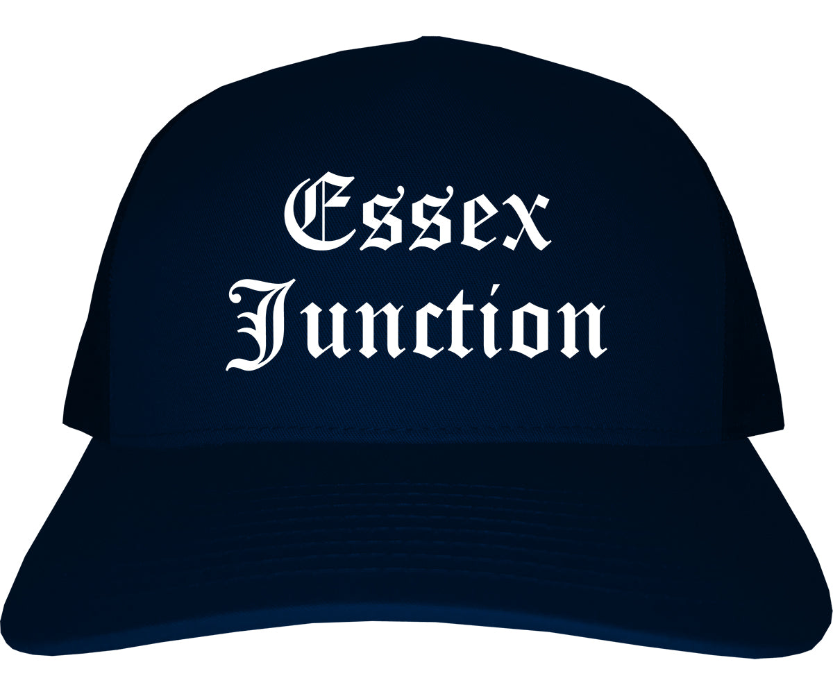 Essex Junction Vermont VT Old English Mens Trucker Hat Cap Navy Blue