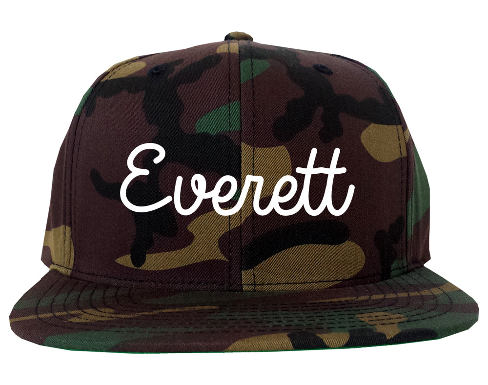 Everett Massachusetts MA Script Mens Snapback Hat Army Camo