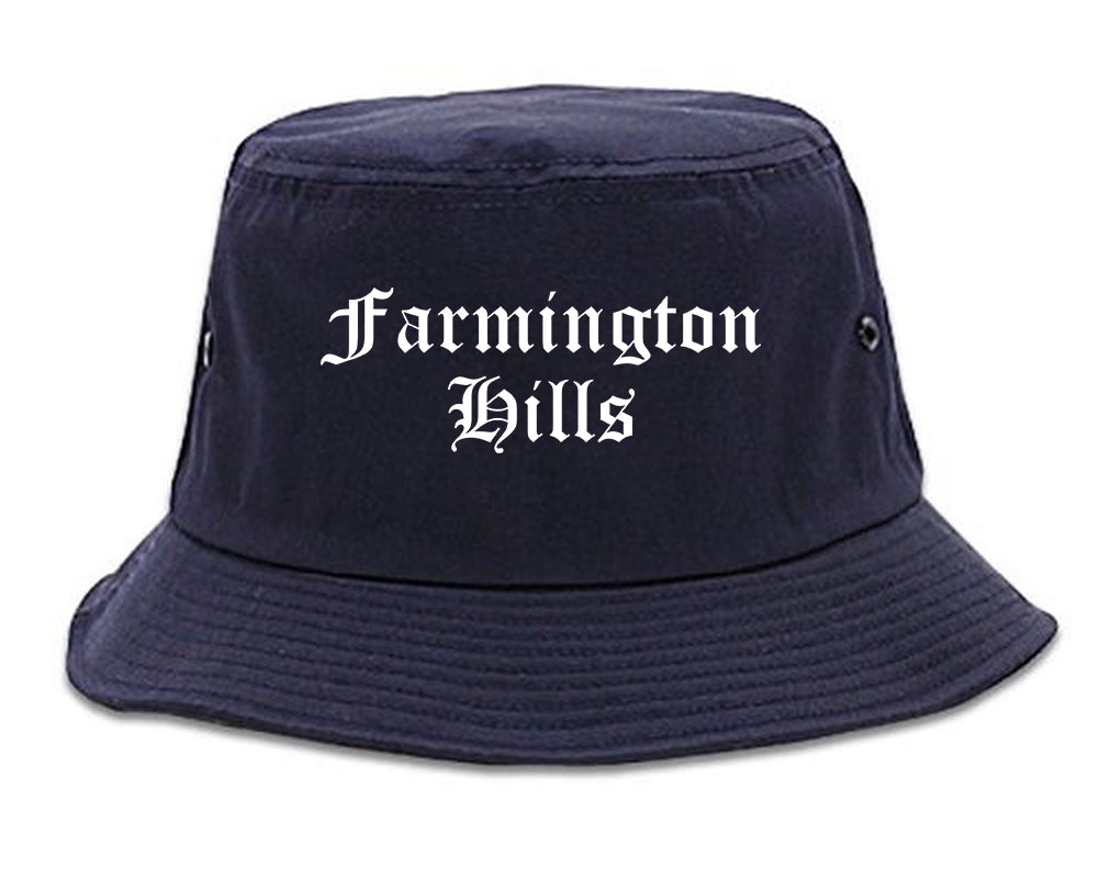 Farmington Hills Michigan MI Old English Mens Bucket Hat Navy Blue