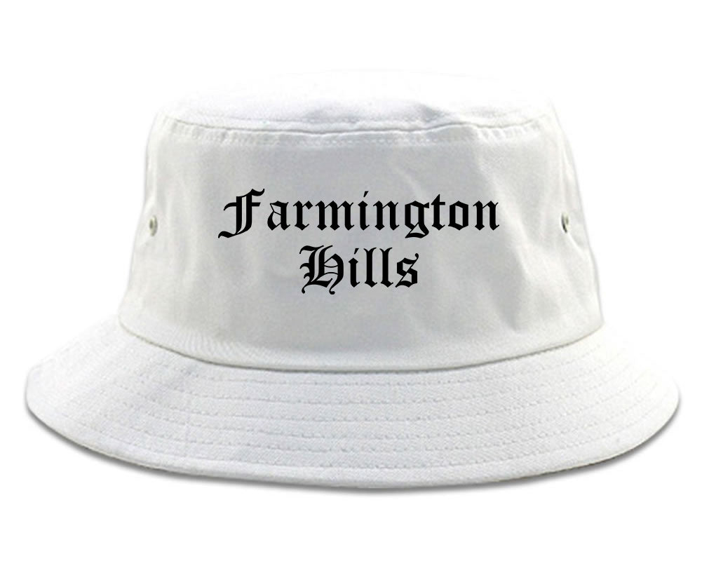 Farmington Hills Michigan MI Old English Mens Bucket Hat White