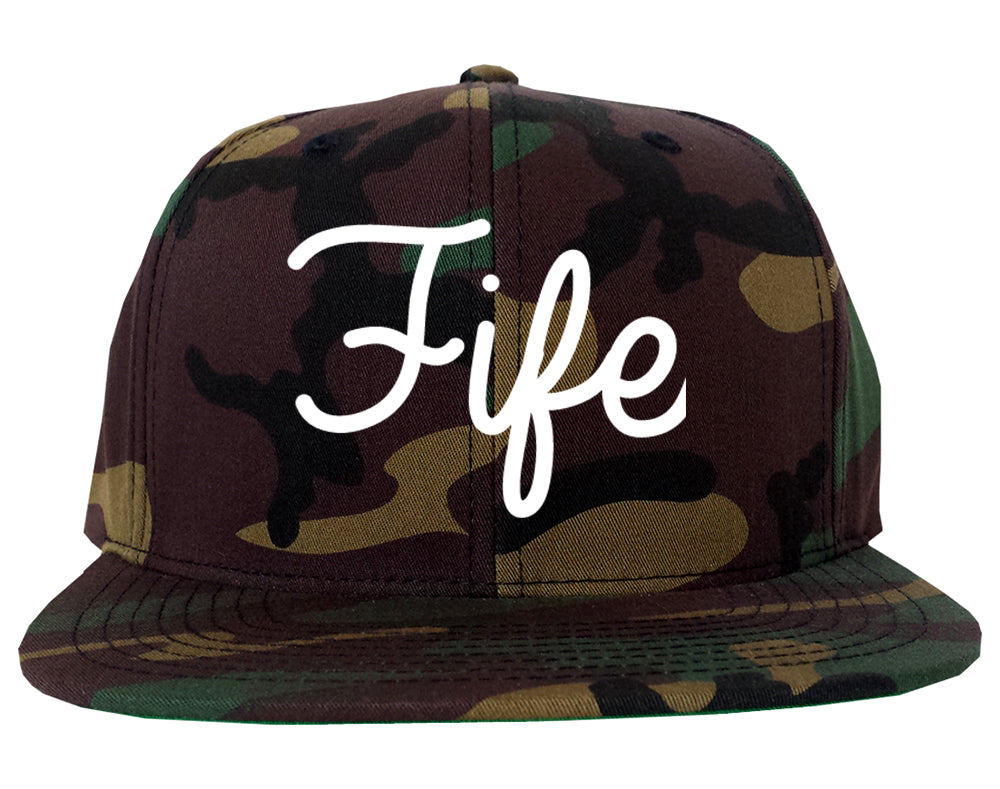 Fife Washington WA Script Mens Snapback Hat Army Camo